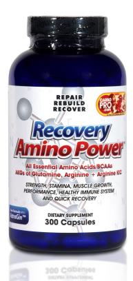 SportQuest Recover Amino Power supplement container with label, featuring orange and white design for muscle recovery and amino support