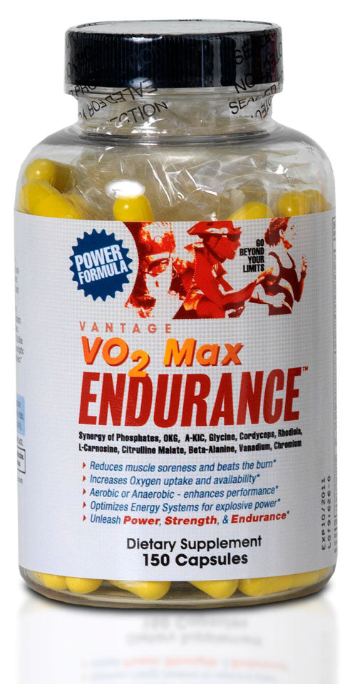 SportQuest Vantage VO2 150 Capsules in a clear bottle showcasing the label and capsule contents.