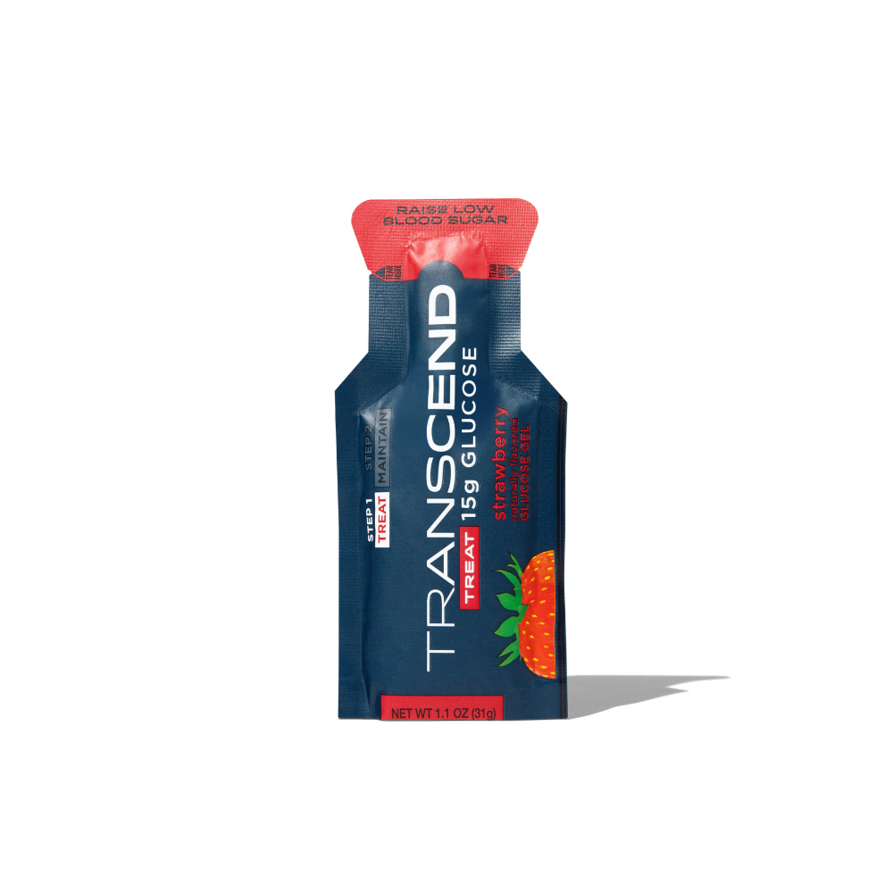 Transcend Foods Strawberry Glucose Gels 30 pack with vibrant packaging featuring strawberries and nutritional information.