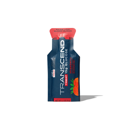Transcend Foods Strawberry Glucose Gels 30 pack with vibrant packaging featuring strawberries and nutritional information.