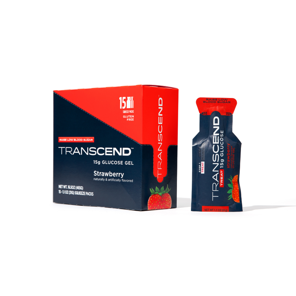 Transcend Foods Strawberry Glucose Gels in a 30-pack with vibrant packaging and gel packets displayed.