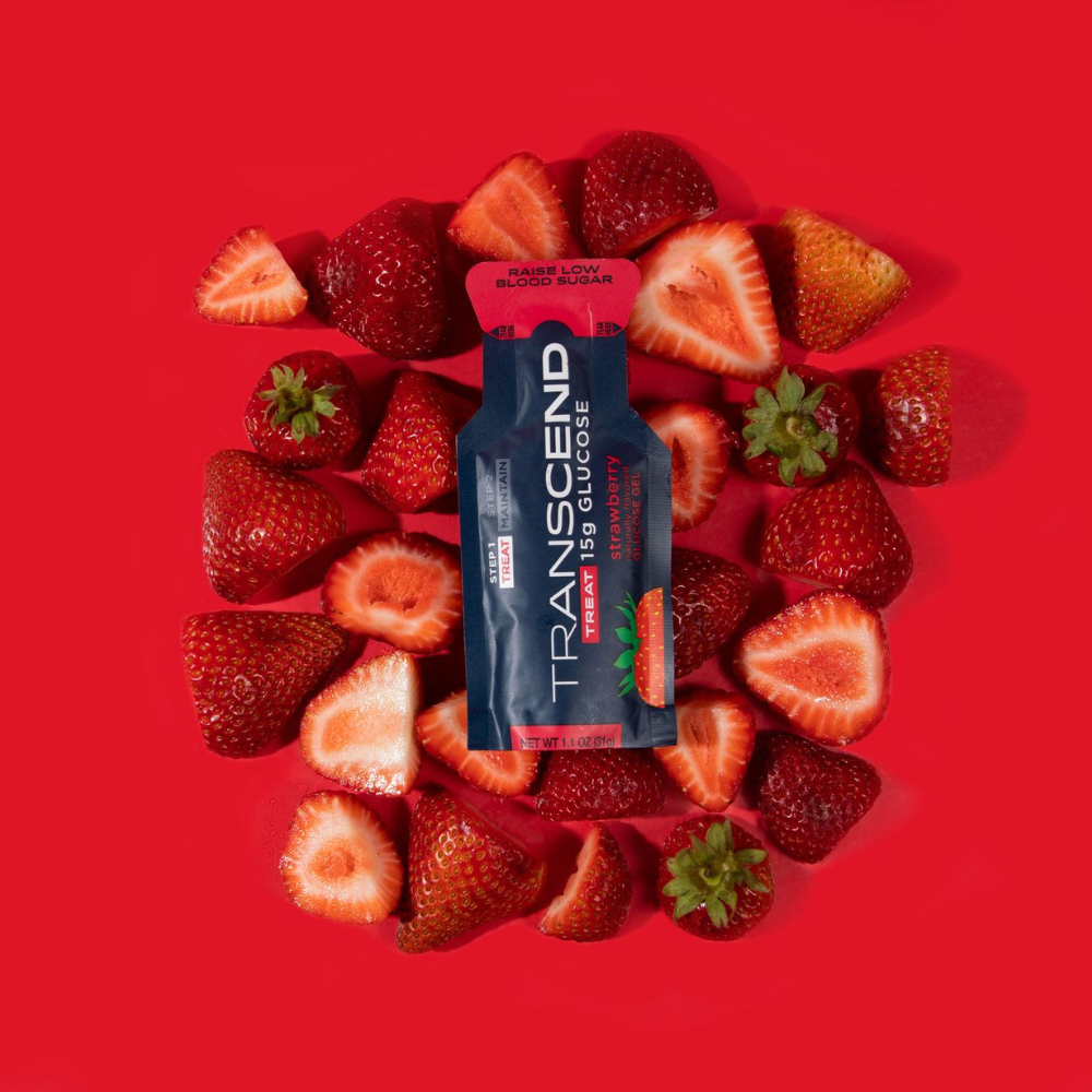 Transcend Foods Strawberry Glucose Gels in a pack of 30, featuring vibrant strawberries and gel packets.