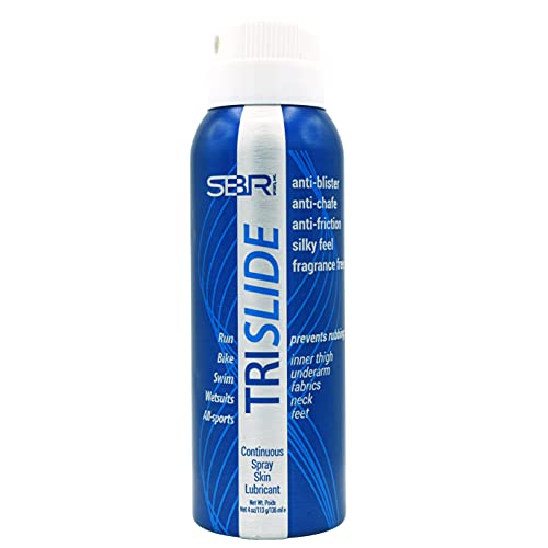 TRISLIDE Anti-Chafe Continuous Spray body lubricant for skin friction protection, shown in a spray bottle with smooth skin background.