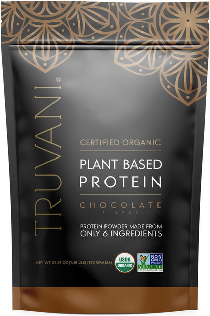 Truvani Organic Vegan Protein Powder in chocolate flavor, 670g jar, plant-based pea protein for women and men, gluten-free, dairy-free.