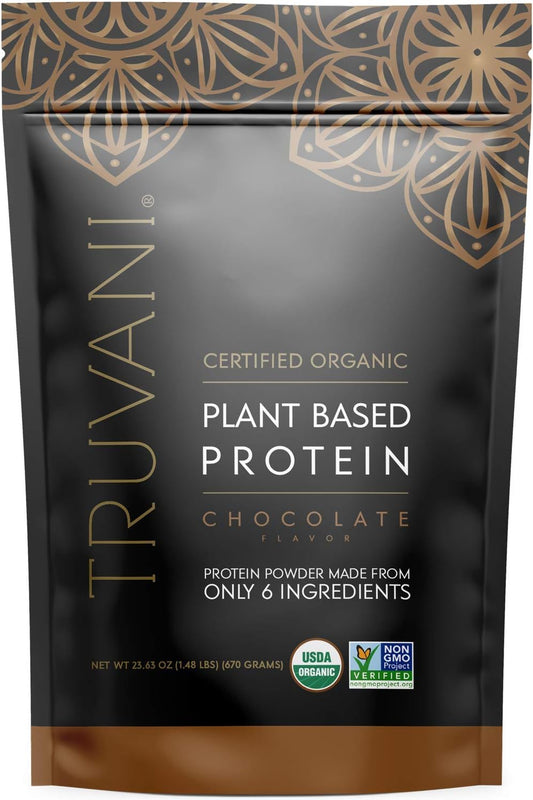 Truvani Organic Vegan Protein Powder in a 670g package, featuring plant-based pea protein, dairy-free and gluten-free.