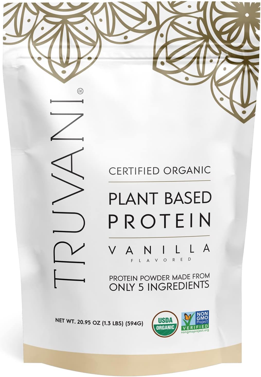 Truvani Organic Vegan Protein Powder in chocolate flavor, 670g, featuring plant-based, pea protein, gluten-free, dairy-free, non-GMO.