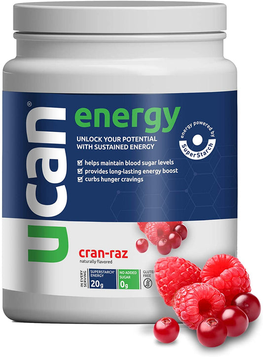 UCAN Energy Powder in a sleek container, ideal for pre and post workout, featuring no added sugar and vegan ingredients.
