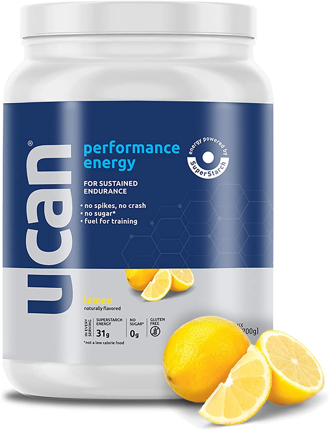 UCAN Energy Powder lemon flavor in a can, a vegan, non-GMO energy drink for pre and post workout, no sugar, gluten-free, keto-friendly.