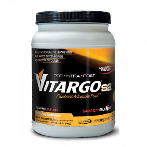 Vitargo S2 1.7lb container with label showing it provides 10 servings of carbohydrate supplement for athletes