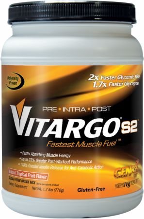 Vitargo S2 1.7lb container with label showing 10 servings, high-performance carbohydrate supplement for athletes and fitness enthusiasts.