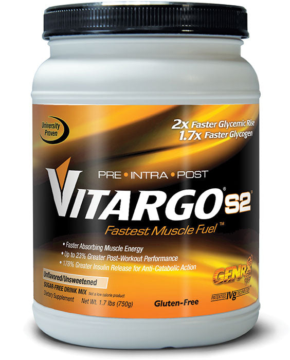 Vitargo S2 1.7lb protein powder container with label showing product name and brand Vitargo, on a white background.