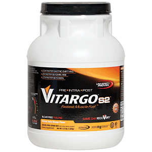 Vitargo S2 4.2lb container showcasing the product label and scoop for easy serving.