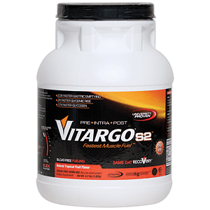 Vitargo S2 4.2lb container of carbohydrate supplement with 25 servings, featuring the Vitargo brand logo and product label.