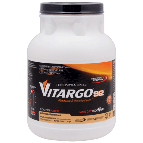 Vitargo S2 4.2lb powder container with 25 servings, featuring a vibrant label and a scoop for easy measurement.