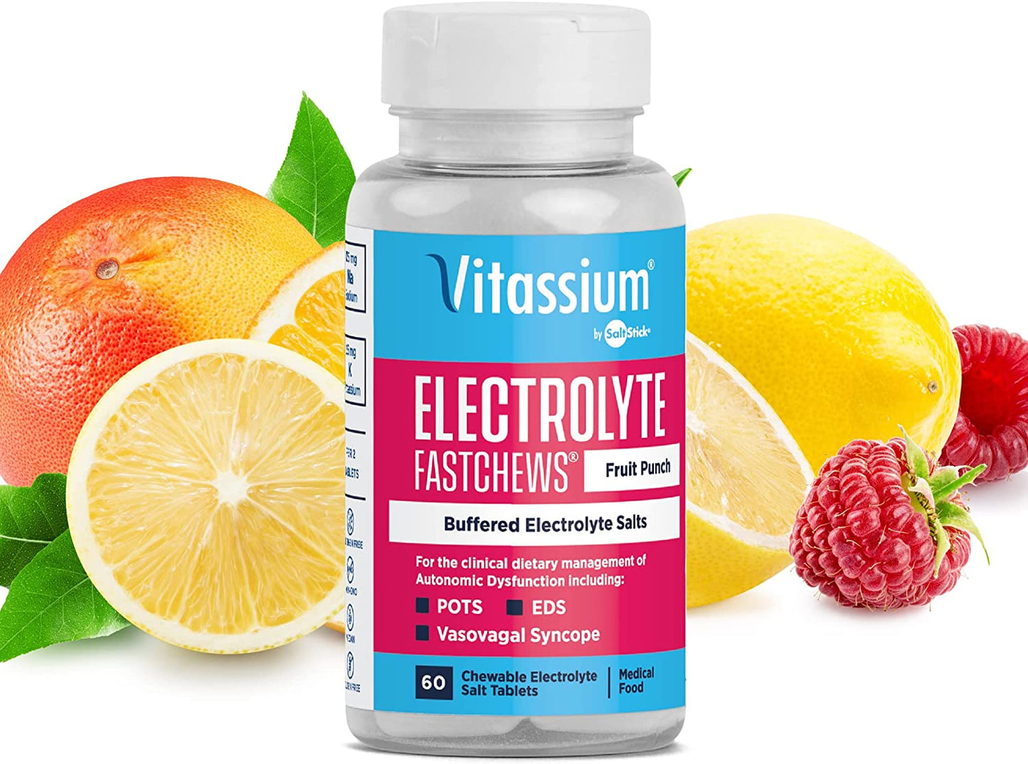 Vitassium FastChews in a bottle of 60 tablets, featuring vibrant fruit punch flavor for electrolyte replenishment.