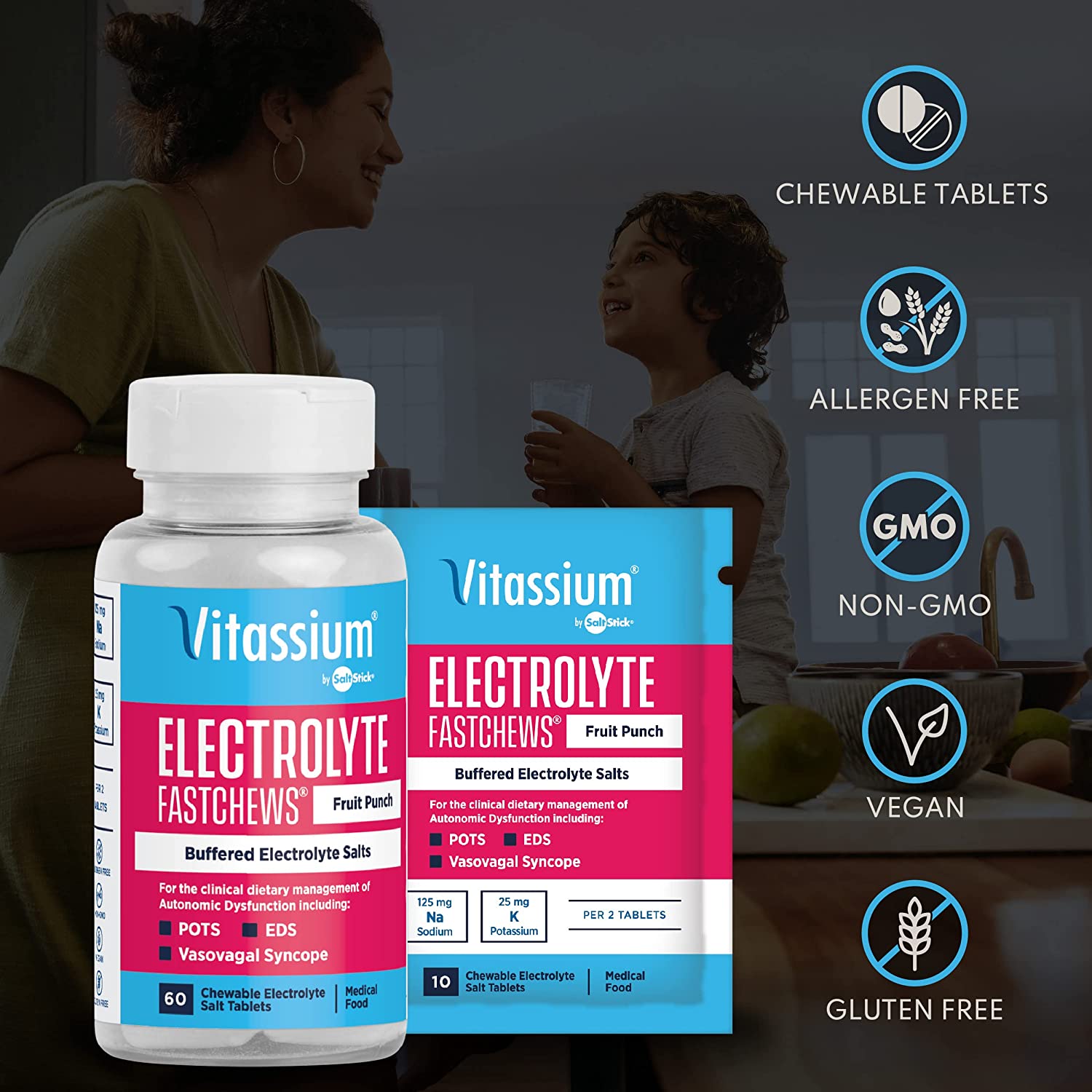 Vitassium FastChews in a bottle, showcasing 60 fruit punch tablets for sodium and potassium replenishment.
