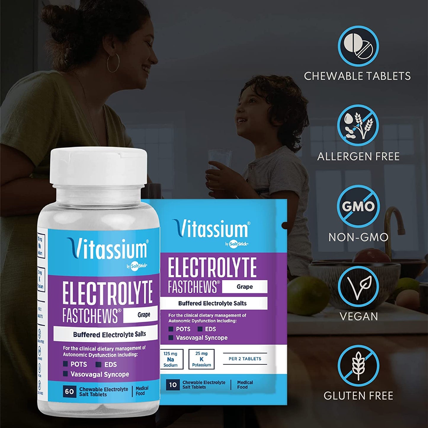 Vitassium FastChews in grape flavor, 60 tablets for sodium and potassium replenishment, displayed in a bottle.