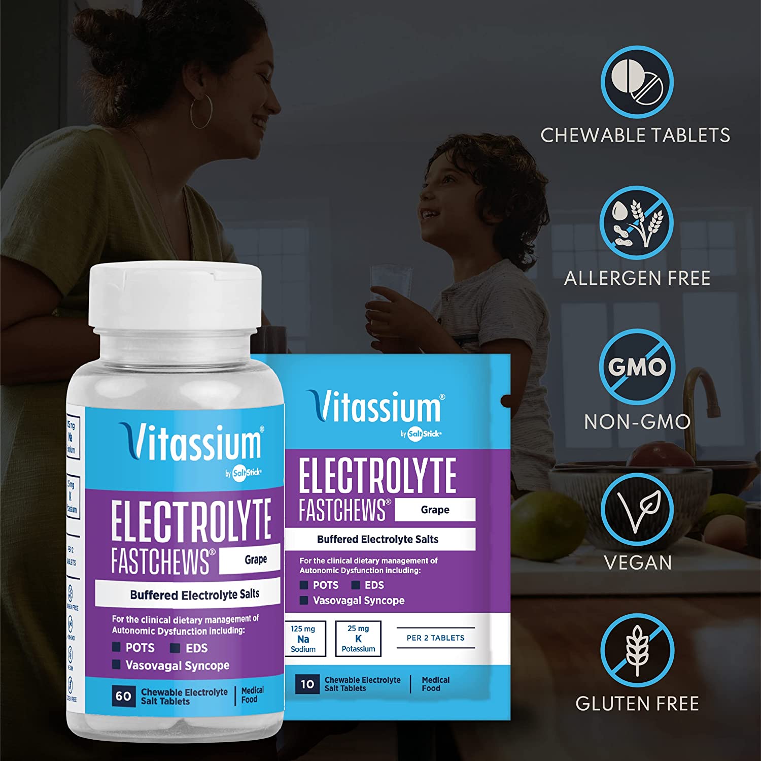 Vitassium FastChews in grape flavor, 60 tablets for sodium and potassium replenishment, displayed in a bottle.
