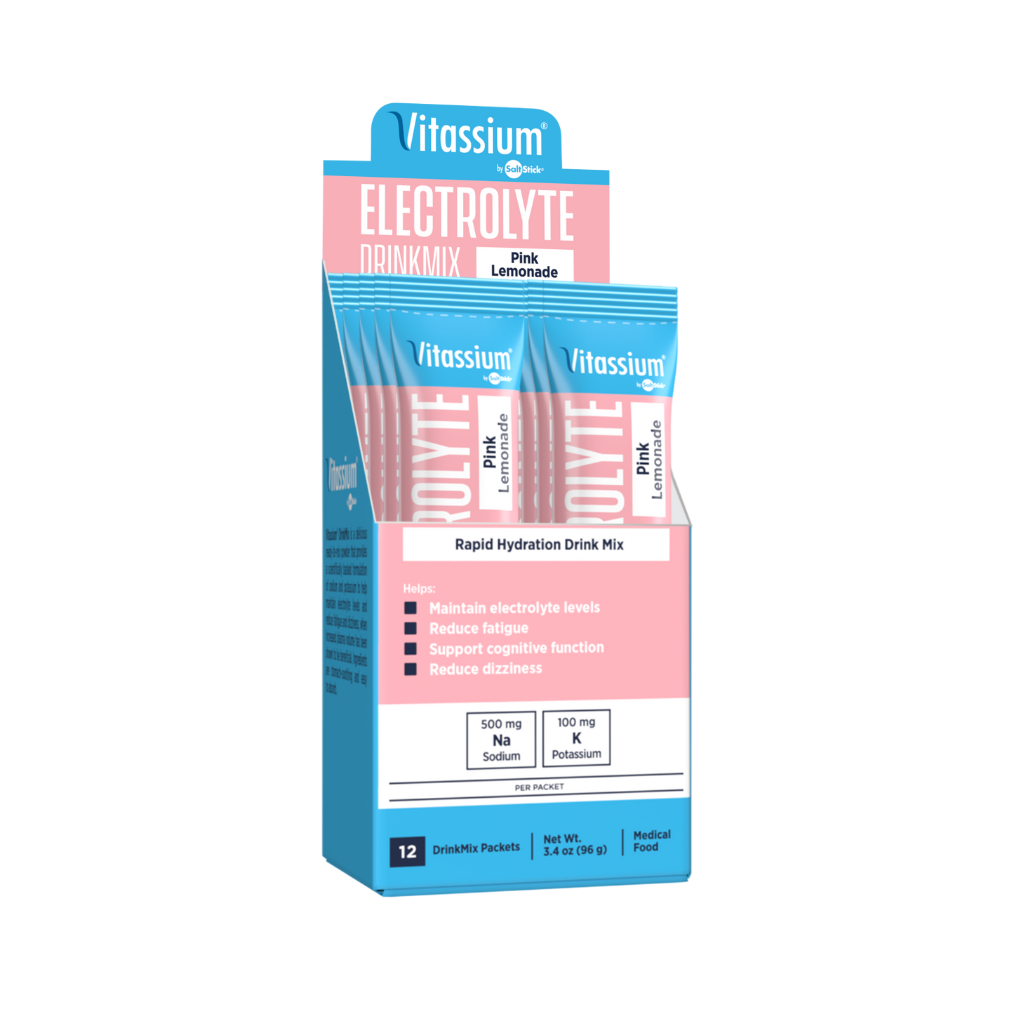 Vitassium DrinkMix stick packs in pink lemonade flavor, featuring an open box with electrolyte replacement sachets.