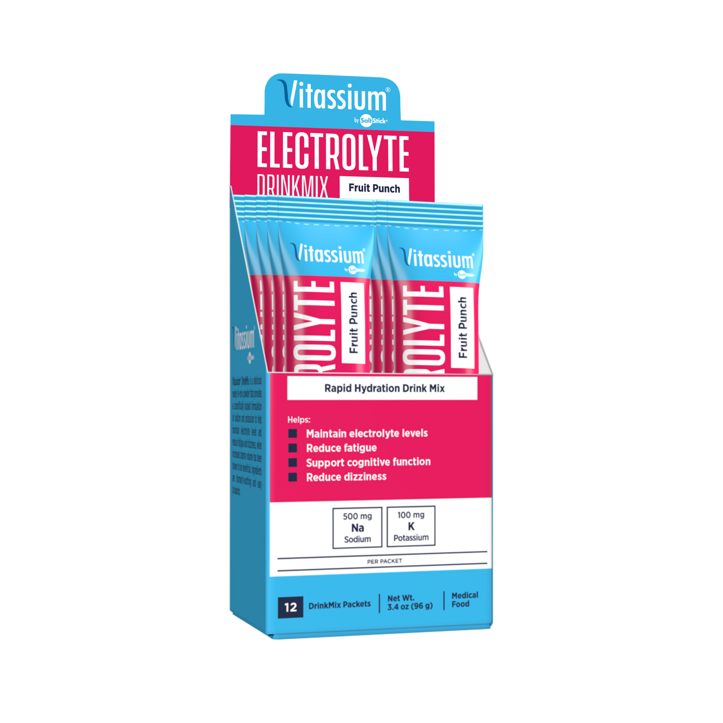 Vitassium electrolyte replacement DrinkMix in fruit punch flavor, 12 stick packs, designed for hydration and electrolyte balance.
