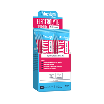 Vitassium electrolyte replacement DrinkMix in fruit punch flavor, 12 stick packs, designed for hydration and electrolyte balance.