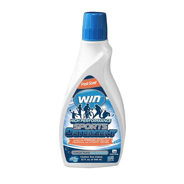 WIN Detergent in a blue bottle with a sleek design, showcasing its label and liquid contents.