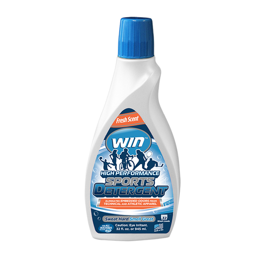 Win Detergent bottle with label showing cleaning solution for laundry and household use.