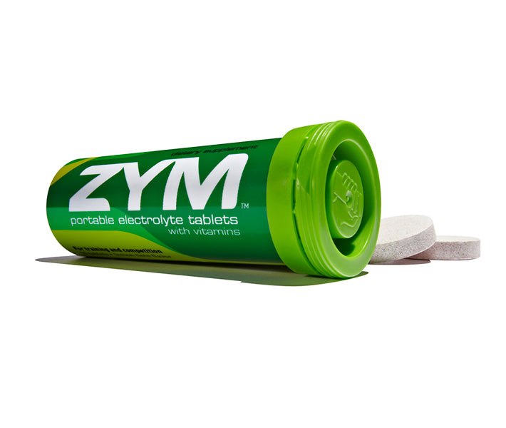 ZYM Hydration Endurance Electrolyte Tube with 10 lemon-lime flavored tabs on a white background.